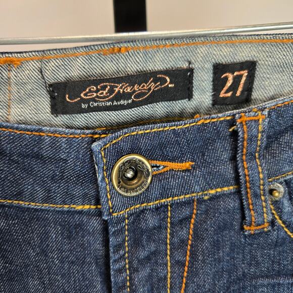 Y2K Ed Hardy Embellished Denim Jeans Low Rise Flare Tiger Crystal Vintage 27 - Picture 2 of 9